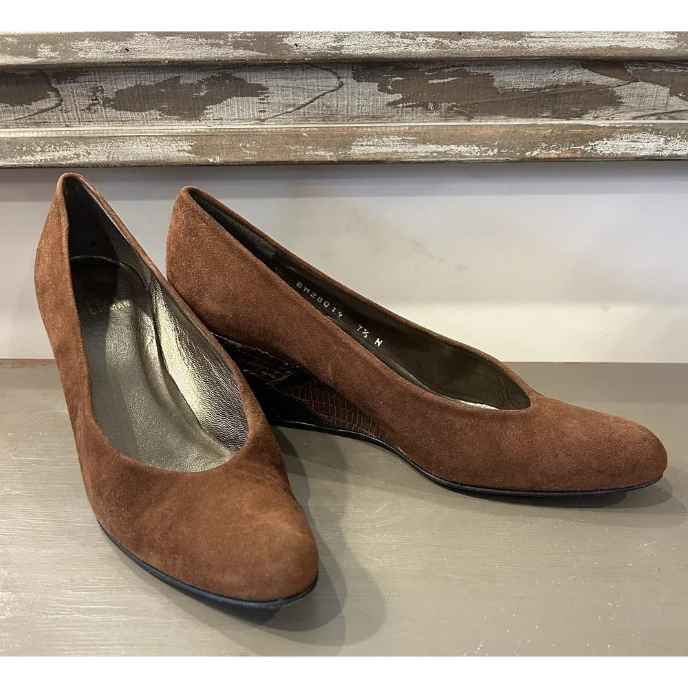 Stuart Weitzman Brown Suede Textured Mix Animal Print Wedge‎ Heel Size 7.5N